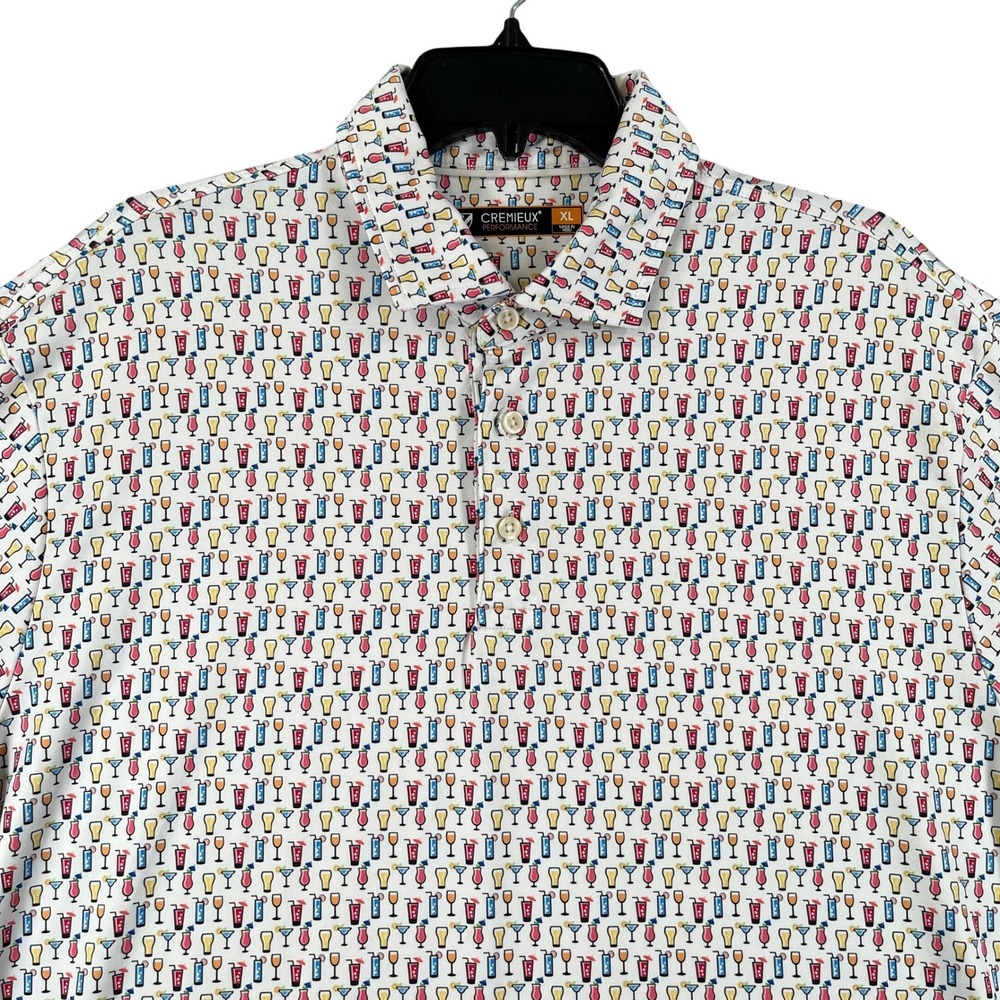 Cremieux Performance Golf Polo Mens XL White Cocktail Drink Print Stretch